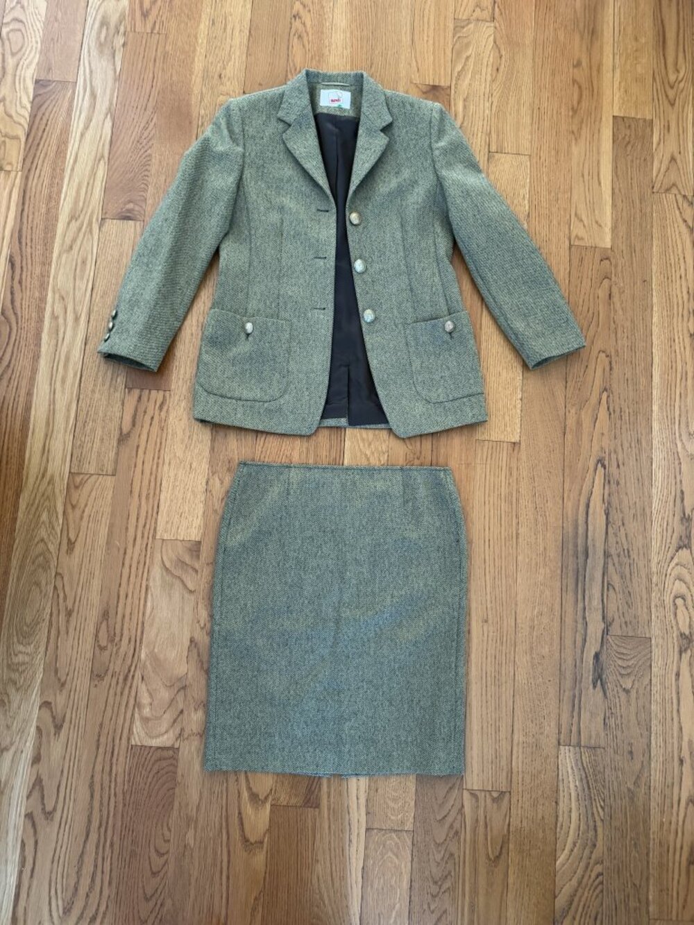 Vintage Mondi Olive Green Wool Tweed Skirt Suit Blazer + Pencil Skirt